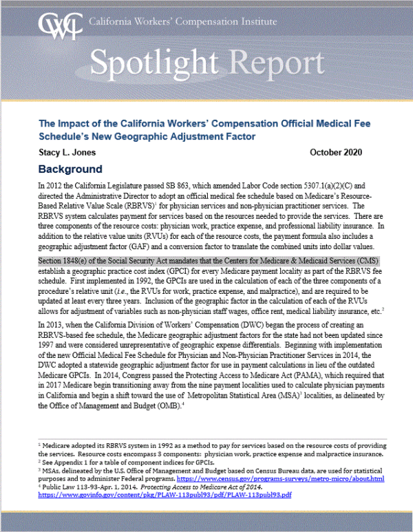 Impact of the Official Medical Fee Schedule's New Geographic Adjustment Factor (Spotlight Report, Published 10/20):